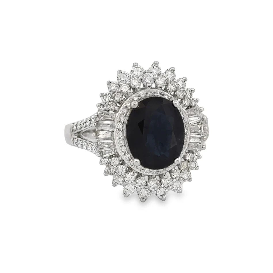 14kt White Gold Princess Diana Blue Saphire Ring With Natural Diamonds