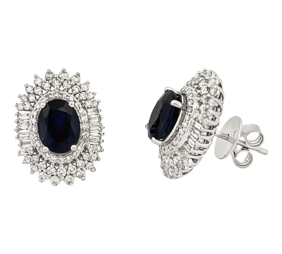 14kt White Gold Princess Diana Blue Saphire Earrings With Natural Diamonds
