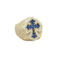 10kt Yellow Gold Men Ring Zircon Iced Blue Cross