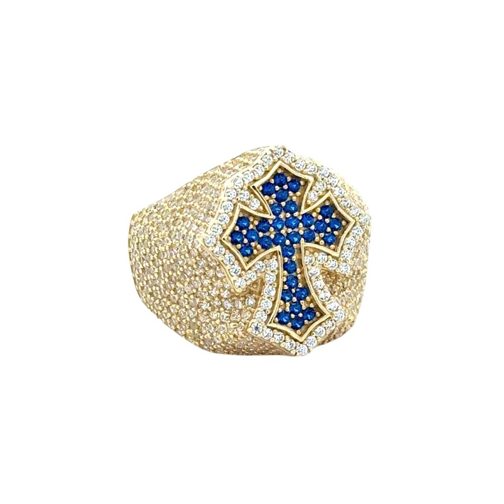 10kt Yellow Gold Men Ring Zircon Iced Blue Cross